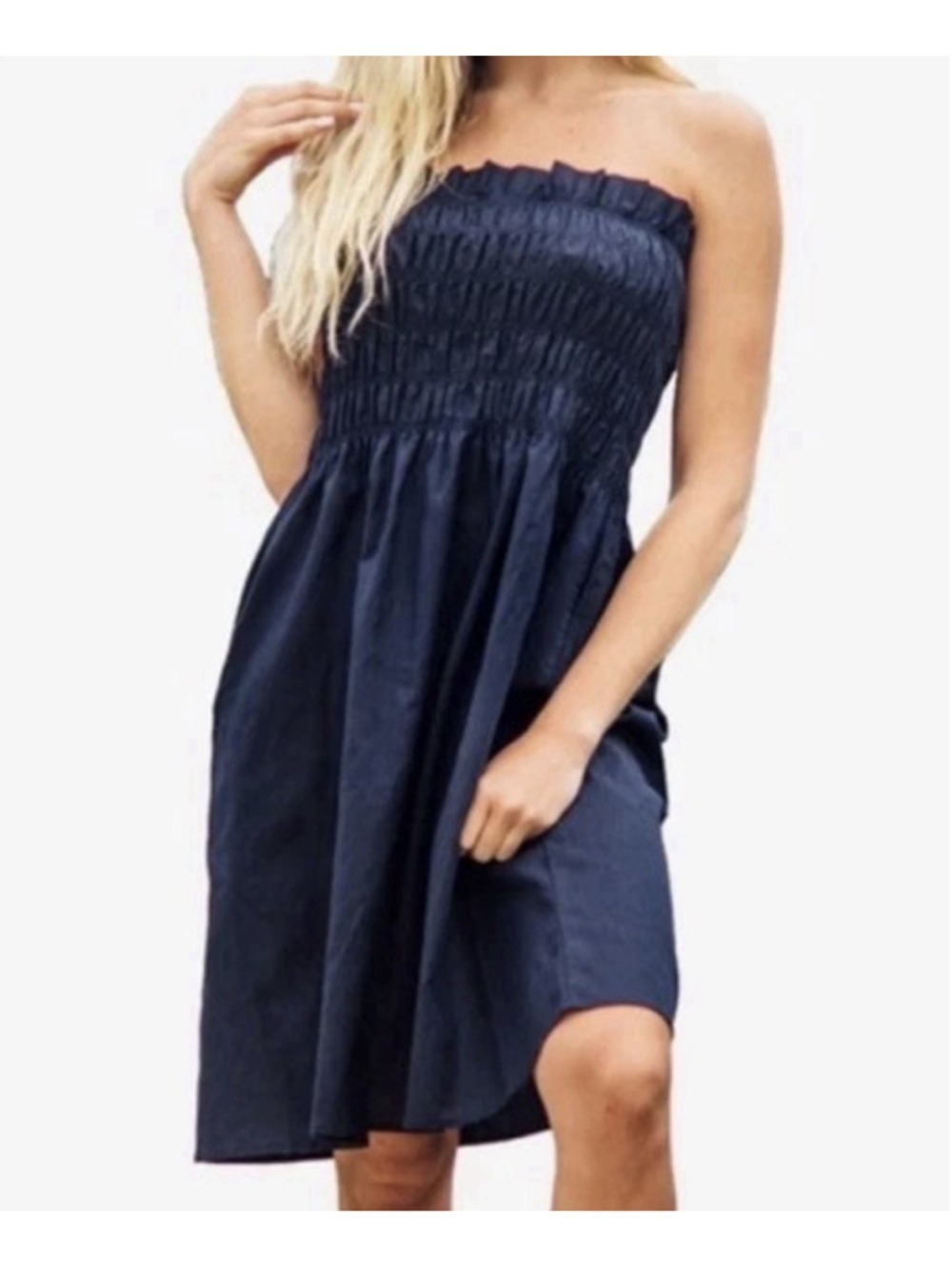 Zara Smocked Strapless Sundress Dress Small Bandeau Coastal Nautical Beach Boho